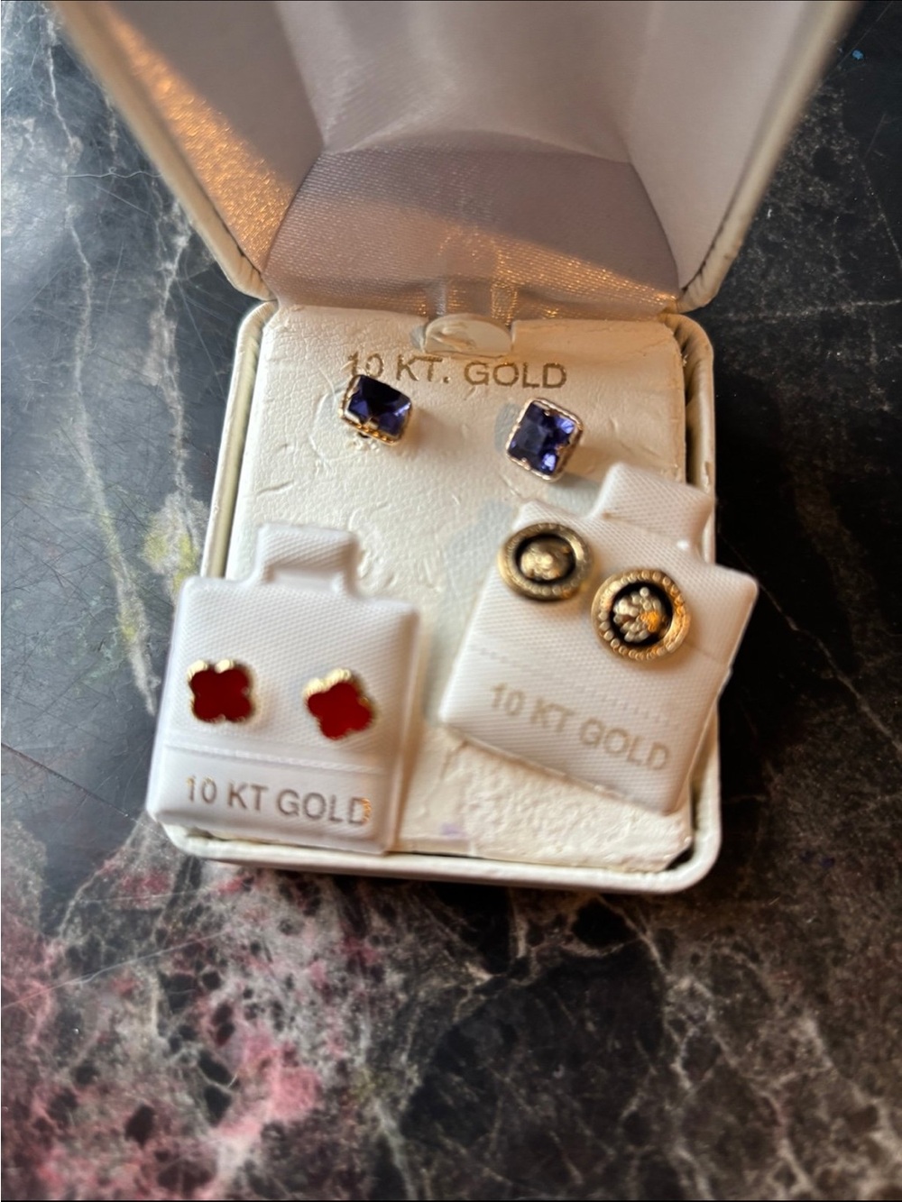 10 KT Gold Stud Earring Trio with Purple, Red & Black Accents